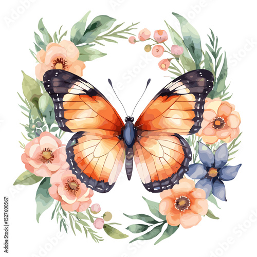 Elegant Watercolor Butterfly with Floral Wreath in Pastel Colors on White Background for Nature and Art Lovers