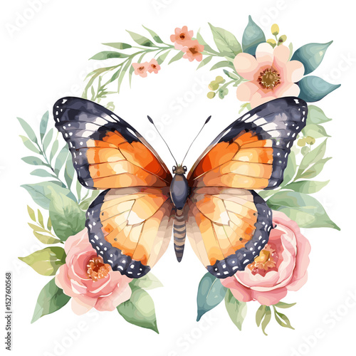 Elegant Watercolor Butterfly with Floral Wreath Featuring Roses and Greenery in a Delicate Nature-Inspired Design