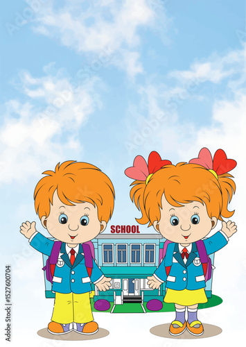 034-12-Two happy pupils waving in front of their school building on their first day of class. Hand drawn illustration