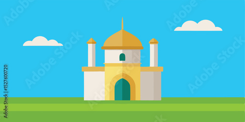 Diminutive Mosque on Flat Grassy Field Under a Bright Blue Sky Tranquil View Vector Clip Art Illustration