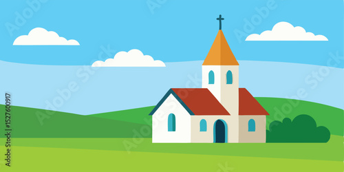 Small Village Church Situated Among Grassy Fields Under Blue Sky Peaceful Setting Vector Clip Art Illustration