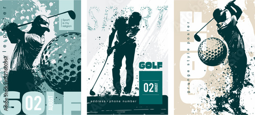 Set of posters dedicated to golf in Grunge silhouette style