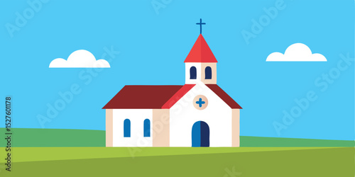 Minuscule Country Chapel Situated Under a Wide Clear Blue Sky Serene Scene Vector Clip Art Illustration