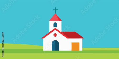 Diminutive Village Chapel Below a Wide Clear Blue Sky Calm Landscape Vector Clip Art Illustration