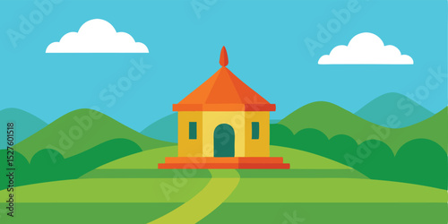 Diminutive Hindu Temple Found Within Green Hills Calm Landscape Vector Clip Art Illustration