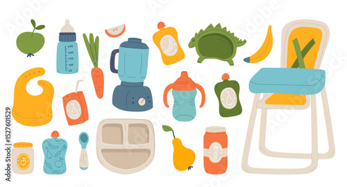 Baby feeding accessories, furniture and supplies, food and drink for newborns isolated set