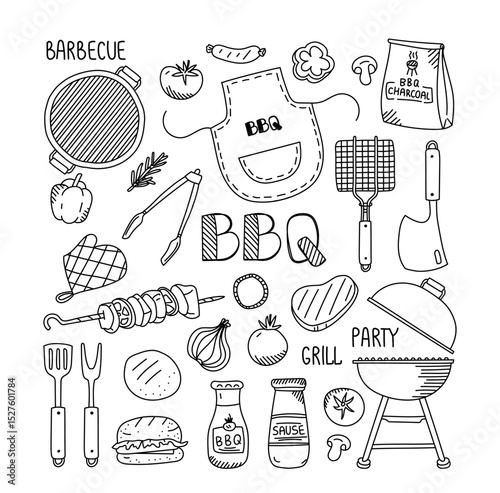 Grill party, outdoors picnic set with barbecue tools and ingredients sketch for cooking and fun
