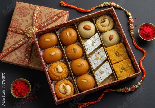 Assorted Indian sweets in decorative box for tying rakhi festival  