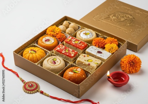 Assorted Indian sweets and festive decorations for tying rakhi celebration  