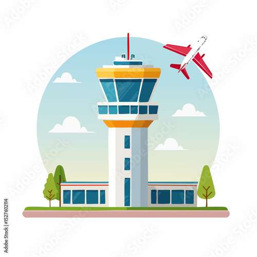 Airport Control Tower: A vibrant illustration of an airport control tower with an airplane taking off, set against a bright, sunny sky.