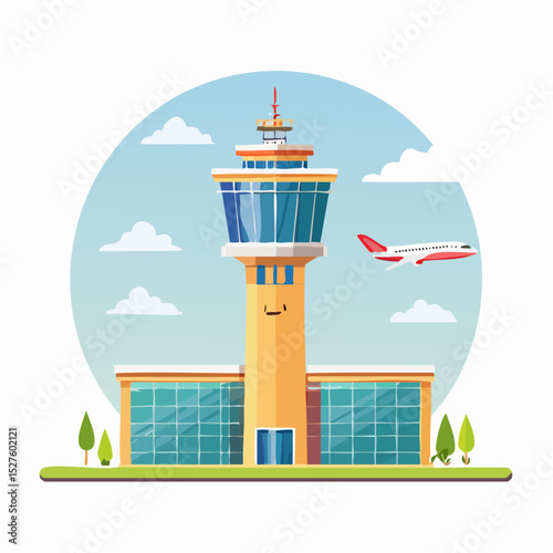 Airport Control Tower in Illustration: A vibrant and captivating illustration showcases an airport control tower, a symbol of global travel and modern air transportation.