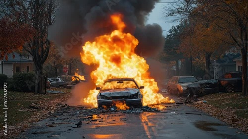 Burning car on a street, surrounded by debris and damaged vehicles