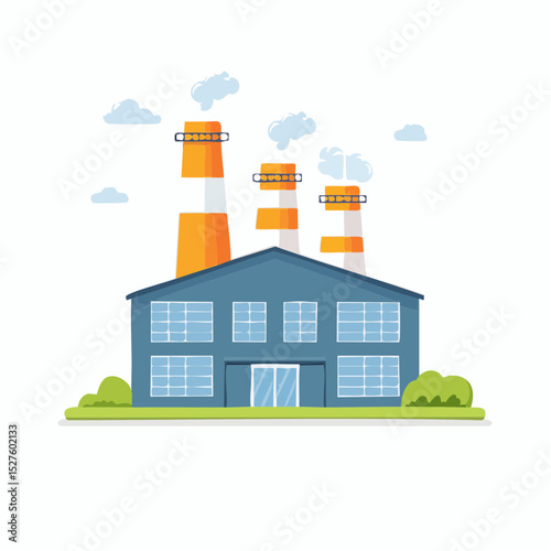 Industrial Powerhouse: A flat illustration captures a modern industrial plant with smoke stacks against a clean sky, symbolizing production and the environment. 