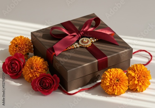 Gift box with marigold flowers and rose decor for tying rakhi, Indian festival  