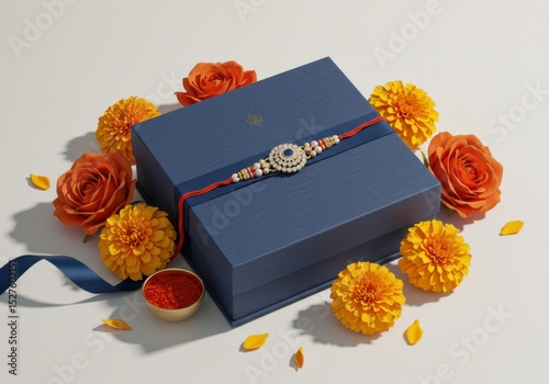 Decorative rakhi on a blue gift box surrounded by marigold flowers  