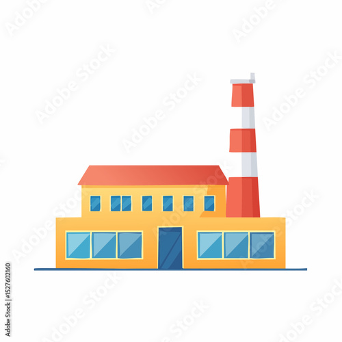 Modern Industrial Factory Illustration: A vibrant, stylized illustration showcasing a modern industrial factory building, featuring a tall smokestack, symbolizing production, and progress.