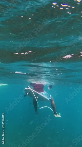 Underwater view of two surfers in Indian Ocean waiting waves. Vertical video