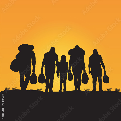 Silhouette of five refugees walking away