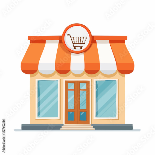 Storefront Illustration: A charming and inviting storefront, complete with a vibrant striped awning, large windows, and a shopping cart emblem, conveys a sense of accessibility and community.