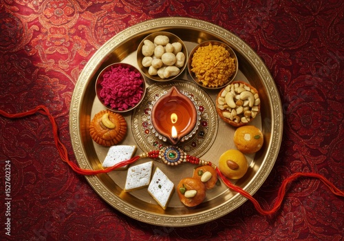 Decorative plate with sweets and diya for tying rakhi, Indian festival  