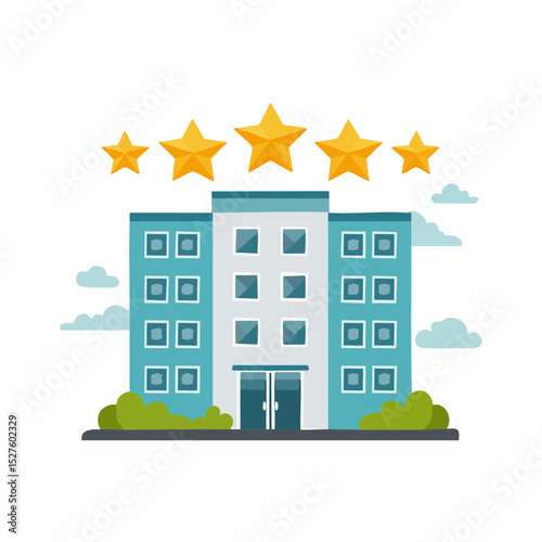 Five-Star Hotel Building: A modern teal hotel building stands proudly, adorned with five golden stars symbolizing superior service and luxury accommodation.