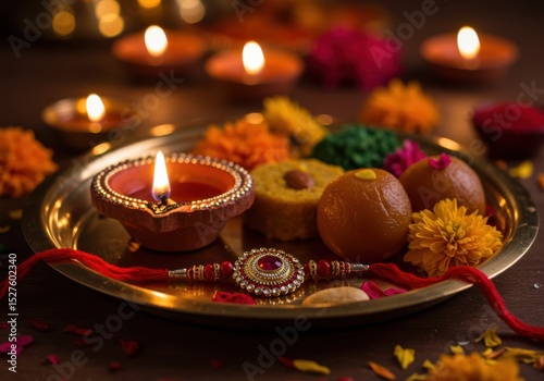 Traditional plate with sweets and diya for tying rakhi, Indian festival  