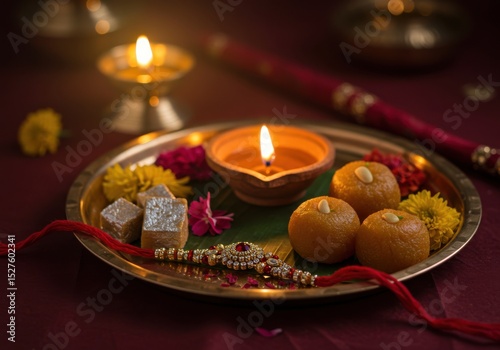 Festive plate with sweets, diya, and flowers for tying rakhi, Indian festival  