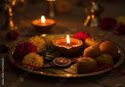 Decorative plate with diya, sweets, and flowers for tying rakhi, Indian festival  