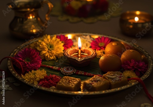 Festive tray with sweets, flowers, and diya for tying rakhi ceremony  