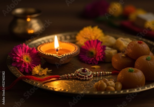 Traditional platter with diya, sweets, and rakhi for Indian festival