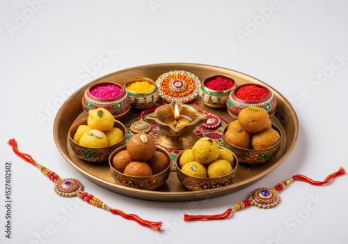 Traditional festive plate with sweets, colors, and rakhi ties for celebration  