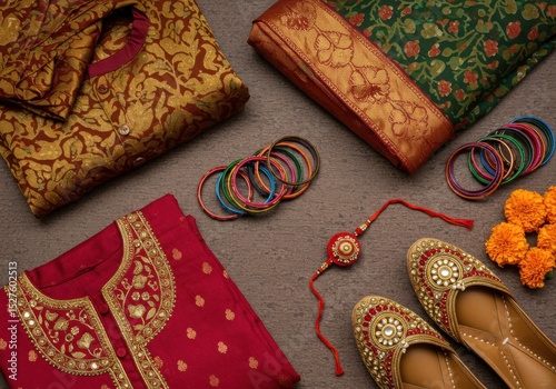 Traditional Indian garments and accessories for tying rakhi festival  