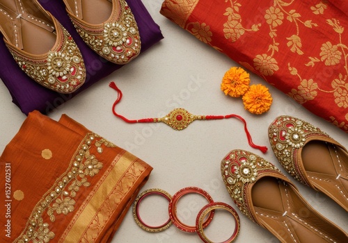 Traditional Indian shoes, clothing, and accessories for tying rakhi