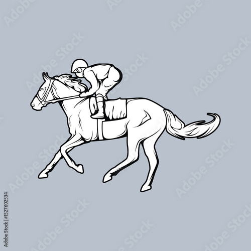 Horse Race Rider Jockey Outline Black and White  Flat Vector