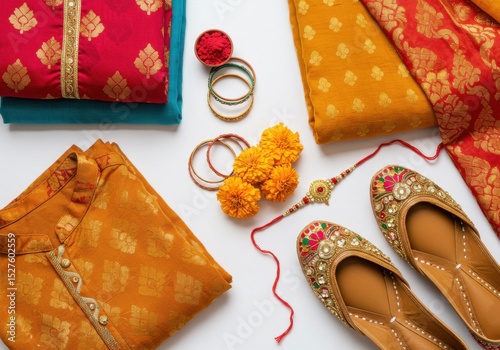 Colorful traditional Indian attire and accessories for tying rakhi
