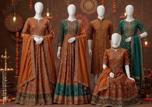 Traditional Indian ethnic outfits displayed on mannequins for festival  