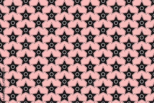 Black stars with white circles pattern on a pink background in a seamless design