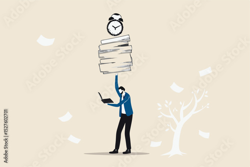 Ability to work under pressure, leadership skill to success, control stressed complete work within timeline concept, calm confident businessman working with laptop while carrying load of paperwork.
