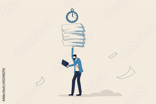 Ability to work under pressure, leadership skill to success, control stressed complete work within timeline concept, calm confident businessman working with laptop while carrying load of paperwork.
