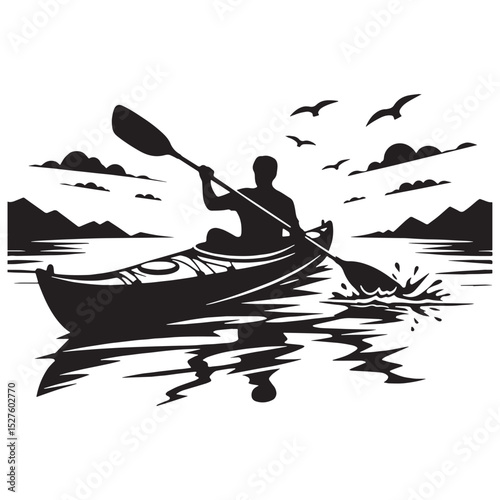 Sleek Kayak silhouette on calm waters – Kayak illustration – Minimalist Kayak vector – Vehicle silhouette

