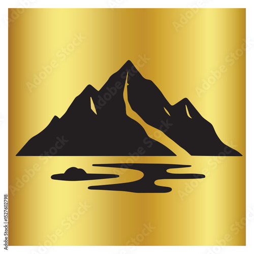 Elegant black mountain landscape with lake on a luxurious golden background