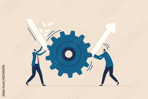 Business transformation or improvement, execution workflow to increase productivity and efficiency, investment profit concept, businessman partner help rotate gear cogwheel to make arrow rising up.