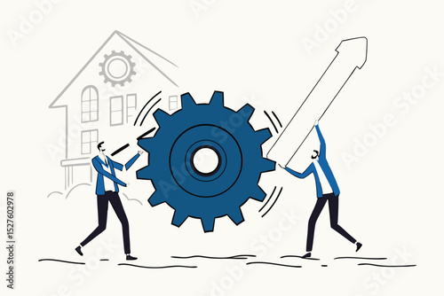 Business transformation or improvement, execution workflow to increase productivity and efficiency, investment profit concept, businessman partner help rotate gear cogwheel to make arrow rising up.