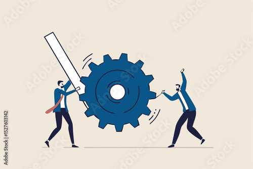 Business transformation or improvement, execution workflow to increase productivity and efficiency, investment profit concept, businessman partner help rotate gear cogwheel to make arrow rising up.