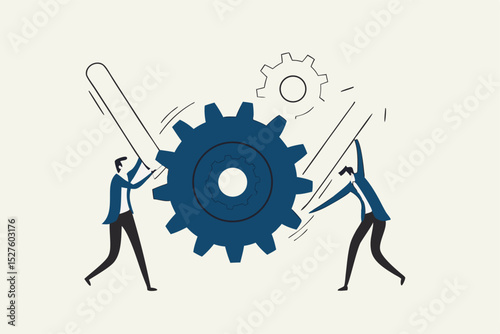 Business transformation or improvement, execution workflow to increase productivity and efficiency, investment profit concept, businessman partner help rotate gear cogwheel to make arrow rising up.