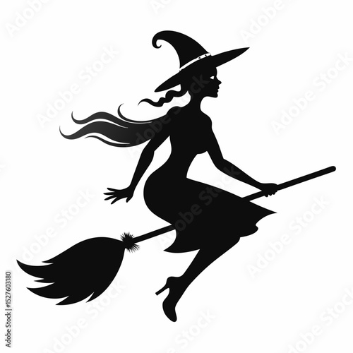 Silhouette of a witch flying on a broomstick