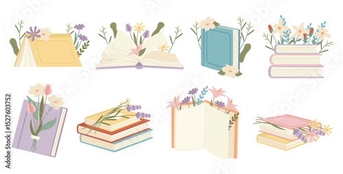 Books with flowers blooms bouquet opened, closed and stacked isolated set on white background