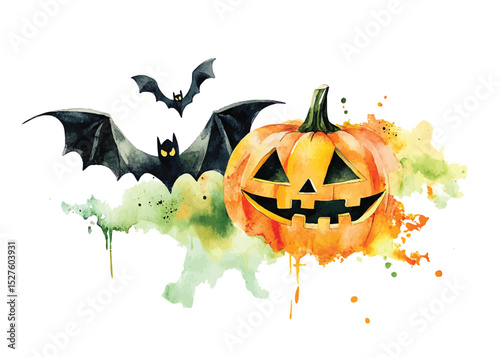 Happy smiling Halloween pumpkin Jack o Lantern with flying bats hand drawn watercolor illustration