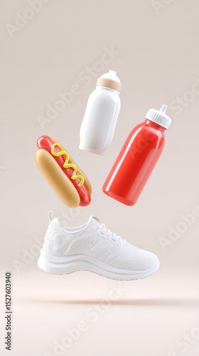 Floating hotdog, sneakers, and bottles on neutral background