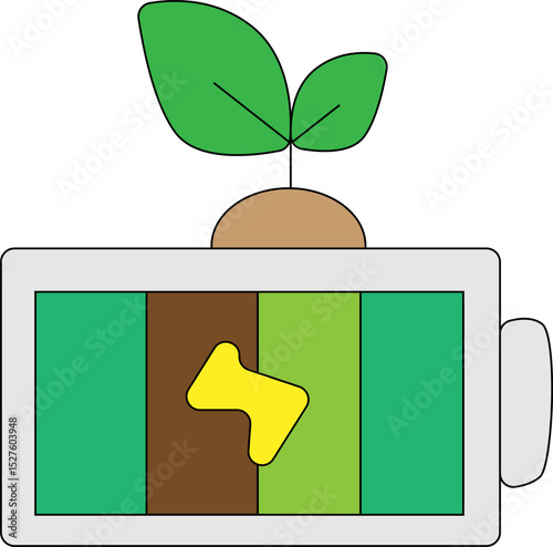 Eco Energy Battery Icon with Green Leaf and Soil Symbolizing Renewable Power, Sustainable Charging, and Nature Concept